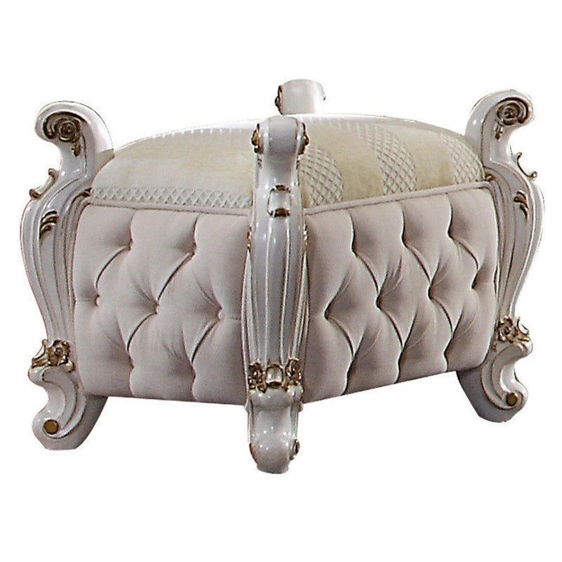 Picardy Fabric & Antique Pearl Vanity Stool - Ornate Home