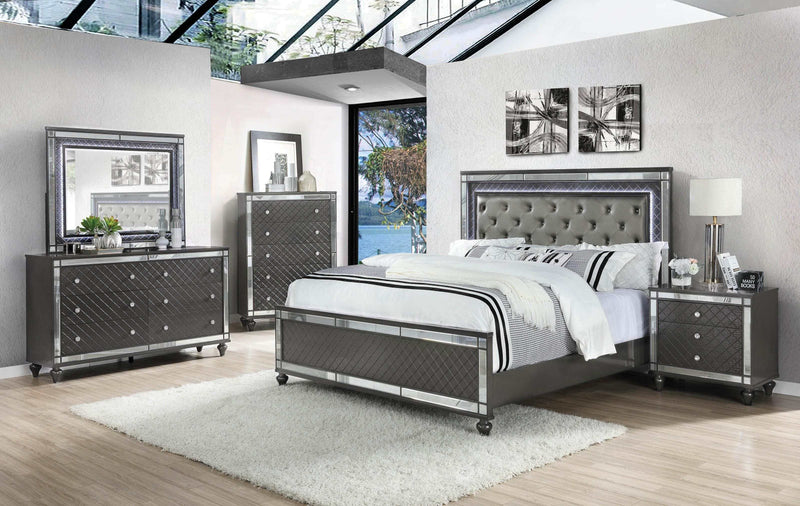 Refino - Gray - Queen Panel Bedroom Set w/ LED Light - Ornate Home