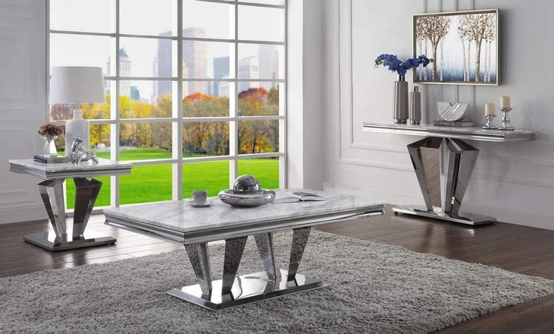 Satinka Light Gray Printed Faux Marble & Mirrored Silver Finish Table Set - Ornate Home