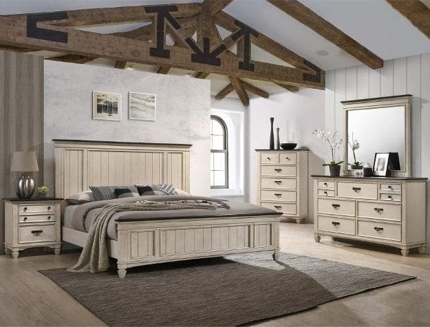 Sawyer Antique White-Brown Panel Bedroom Set - Ornate Home