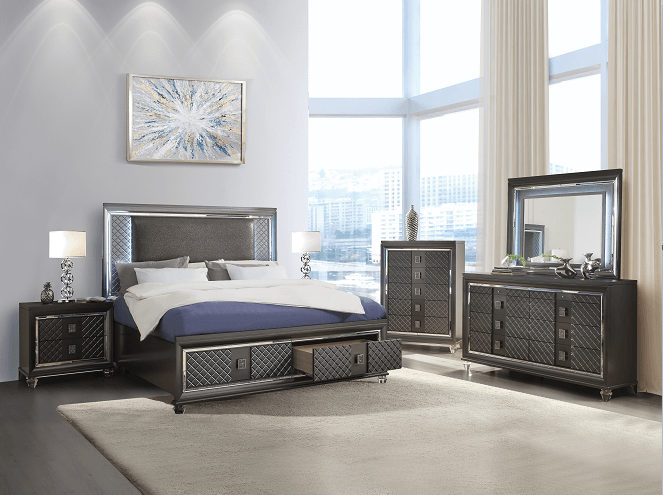 Sawyer PU & Metallic Gray Eastern King Bed - Ornate Home