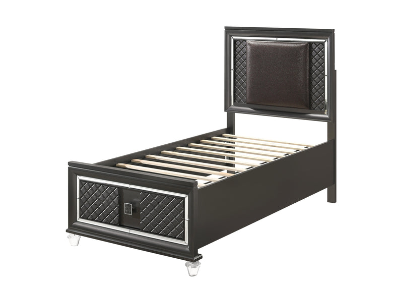 Sawyer PU & Metallic Gray Twin Bed (Storage - 1 Drw) - Ornate Home