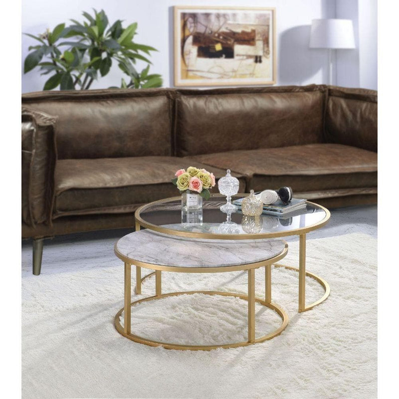 Shanish Nesting Table Set (2Pc) - Faux Marble/Glass & Gold - Ornate Home