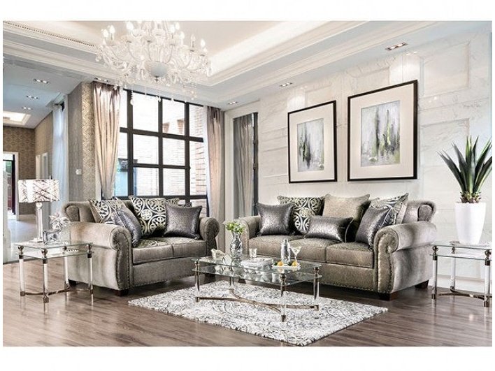 Sinatra Gray & Champagne Stationary Sofa & Loveseat 2pc