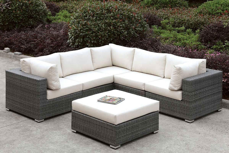 Somani - Ivory & Light Gray -  Outdoor L Shape Sectional w/ Ottoman - Ornate Home