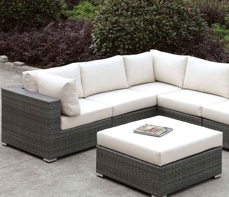 Somani - Ivory & Light Gray -  Outdoor L Shape Sectional w/ Ottoman - Ornate Home