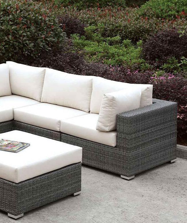 Somani - Ivory & Light Gray -  Outdoor L Shape Sectional w/ Ottoman - Ornate Home