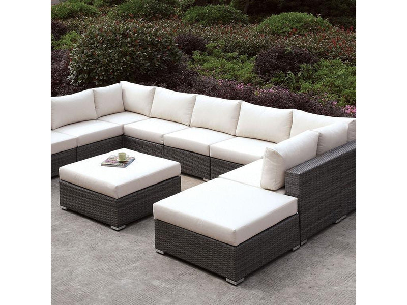 Somani - Ivory & Light Gray -  Outdoor Large U Shape Sectional w/ Ottoman - Ornate Home