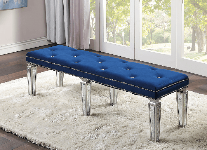 Varian Blue Velvet & Mirrored Bench - Ornate Home