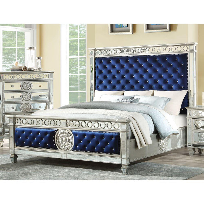 Varian - Blue Velvet & Mirrored - Queen Bed - Ornate Home