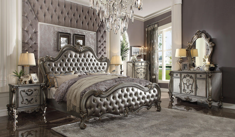 Versailles II Silver PU & Antique Platinum Queen Bed - Ornate Home