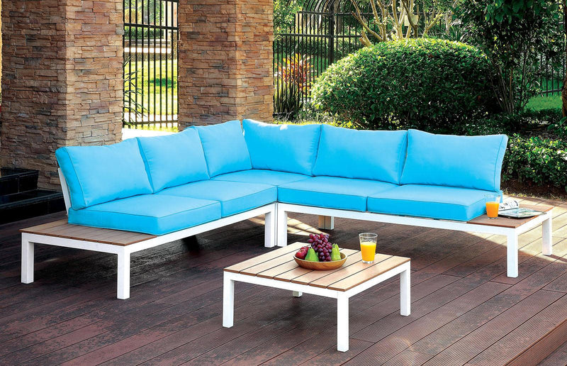 Winona - White, Oak & Blue - Outdoor L Shape Sectional w/ Coffee Table - Ornate Home