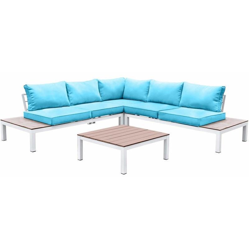 Winona - White, Oak & Blue - Outdoor L Shape Sectional w/ Coffee Table - Ornate Home