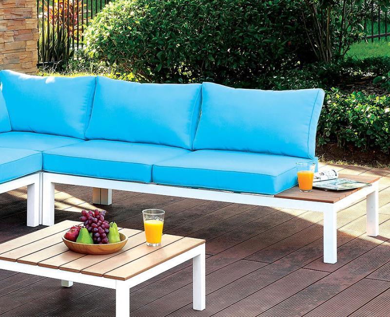 Winona - White, Oak & Blue - Outdoor L Shape Sectional w/ Coffee Table - Ornate Home