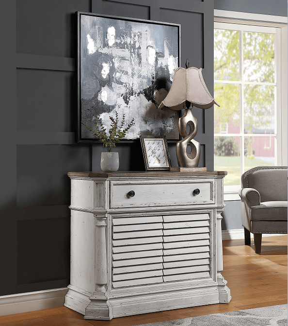 York Shire Antique White & Dark Charcoal Chest (2 Shutter Doors) - Ornate Home