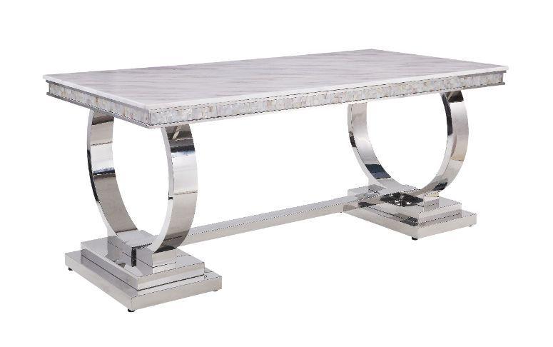 Zander Rectangular Stainless Steel Pedestal & Faux Marble Dining Table - Ornate Home