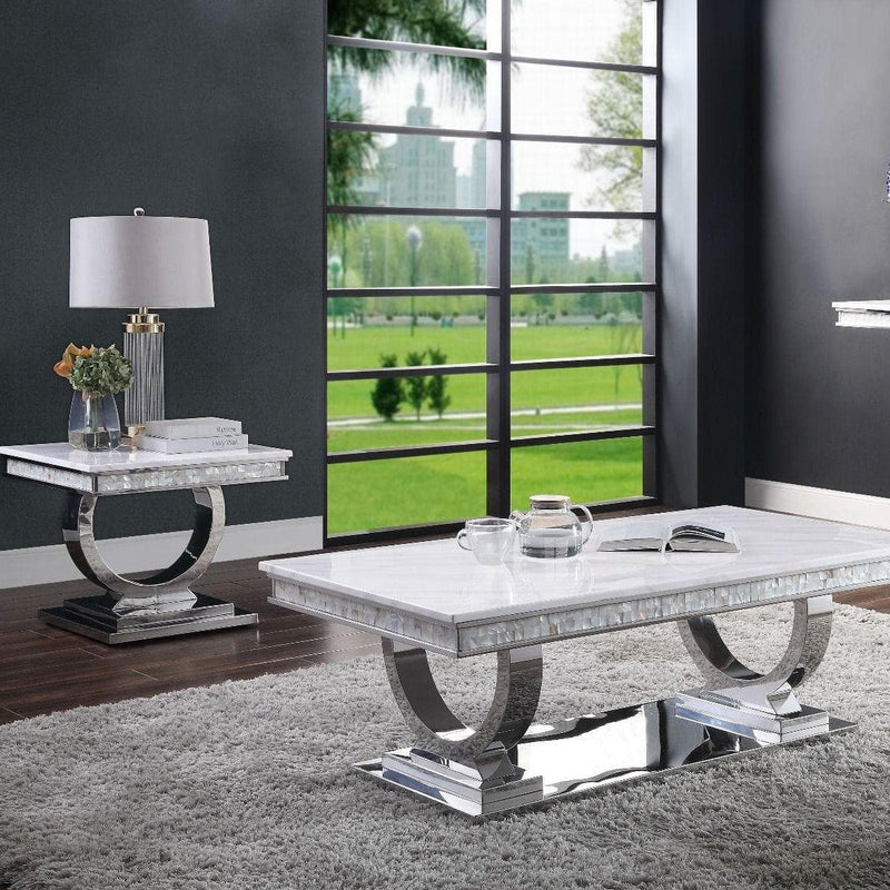 Zander White Faux Marble & Mirrored Silver 3pc Occasional Table Set - Ornate Home