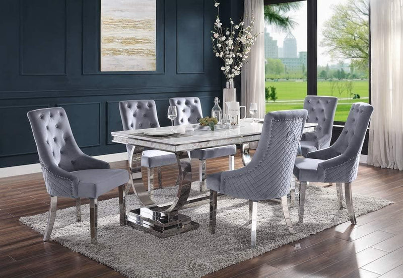 Zander - White Faux Marble & Mirrored Silver - 7pc Dining Room Set - Ornate Home