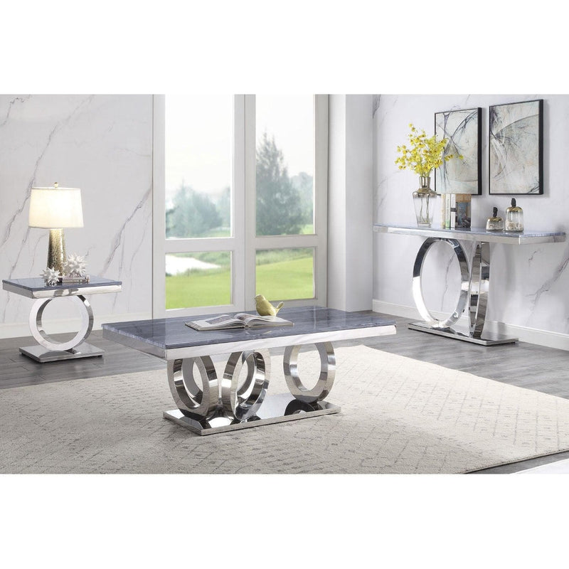 Zasir Gray Printed Faux Marble & Mirrored Silver Finish Table Set - Ornate Home